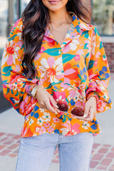 Carrot Floral Print Buttons Front Bubble Sleeve Shirt