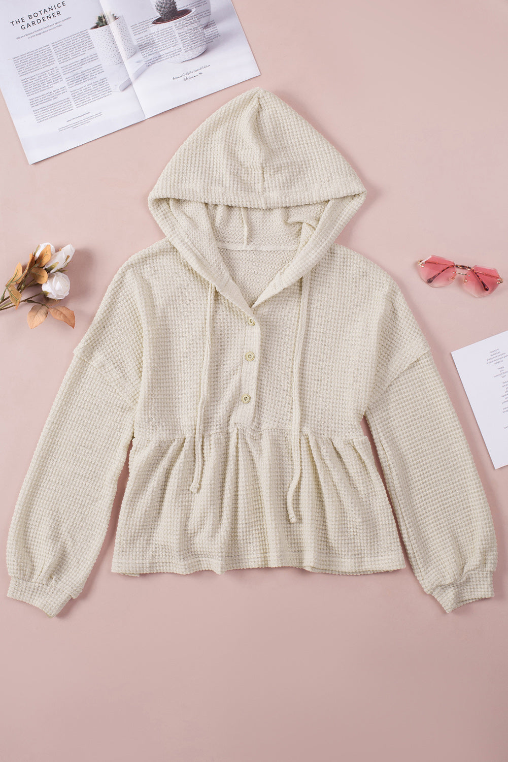 Apricot Waffle Knit Buttons Ruffled Hooded Top