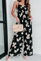 Black Tie Decor V Neck Floral Wide Leg Jumpsuit