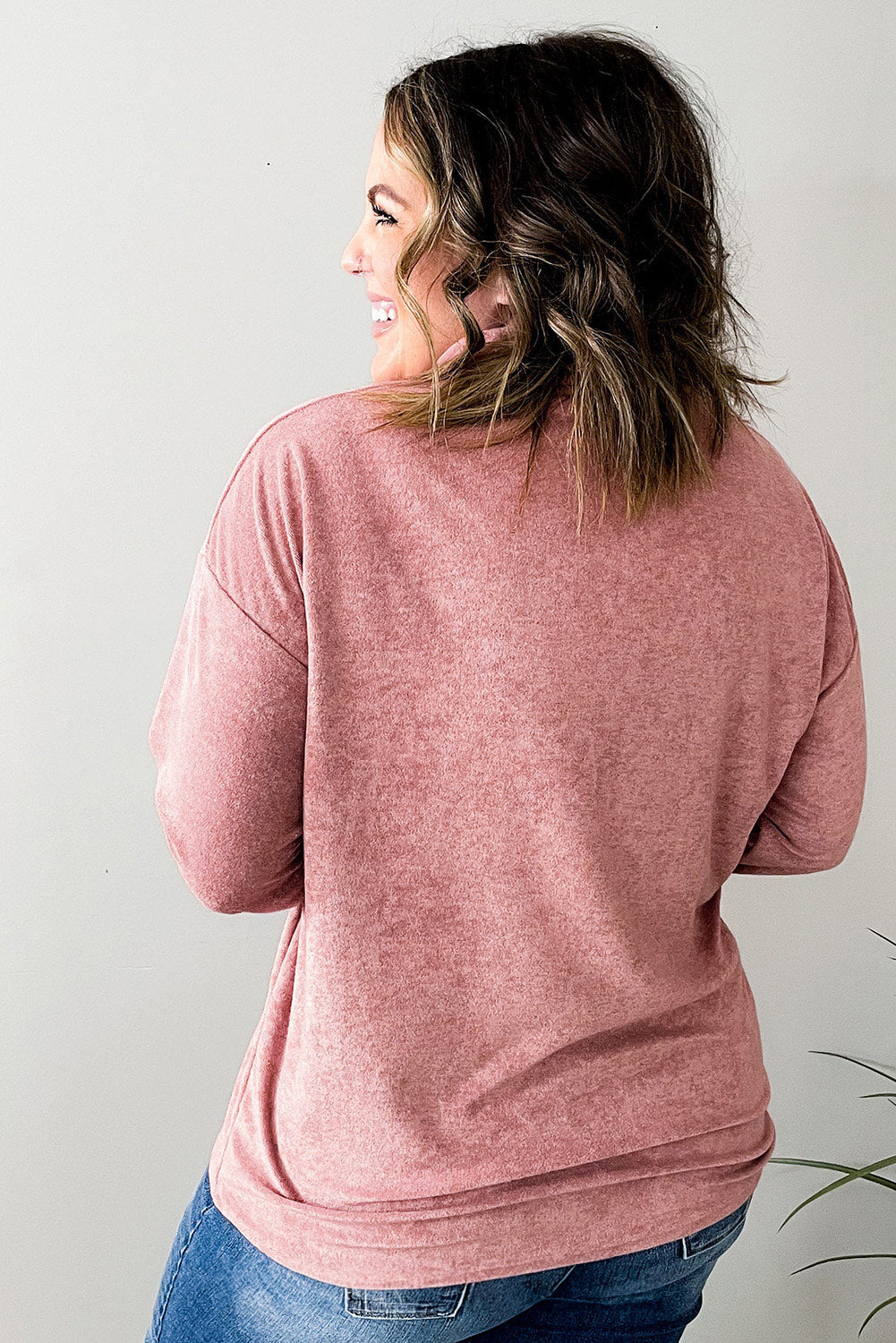 Pink Plus Size Long Sleeve V-Neck Buttoned Top