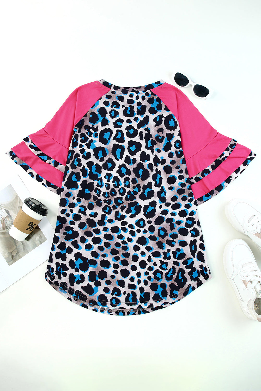 Layered Ruffle Sleeves Patchwork Leopard Print Blouse