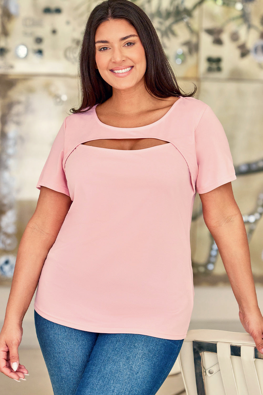 Pink Peekaboo Cutout Front Plus Size T-shirt