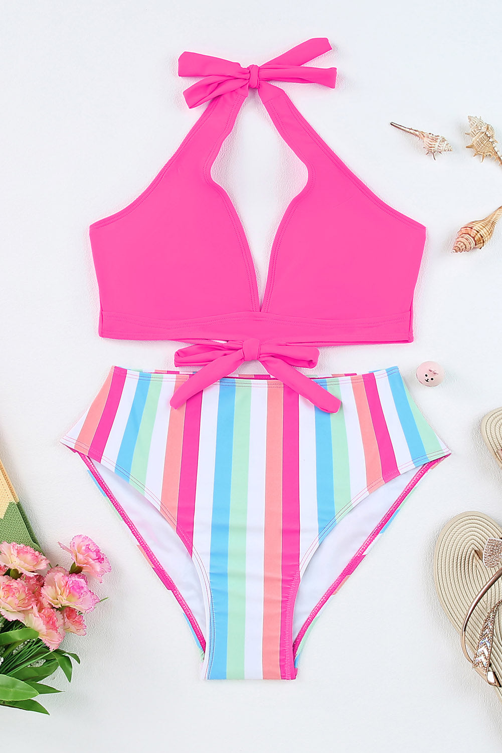 Rose Halter Striped Backless Self-Tie Bikini Swimsuit