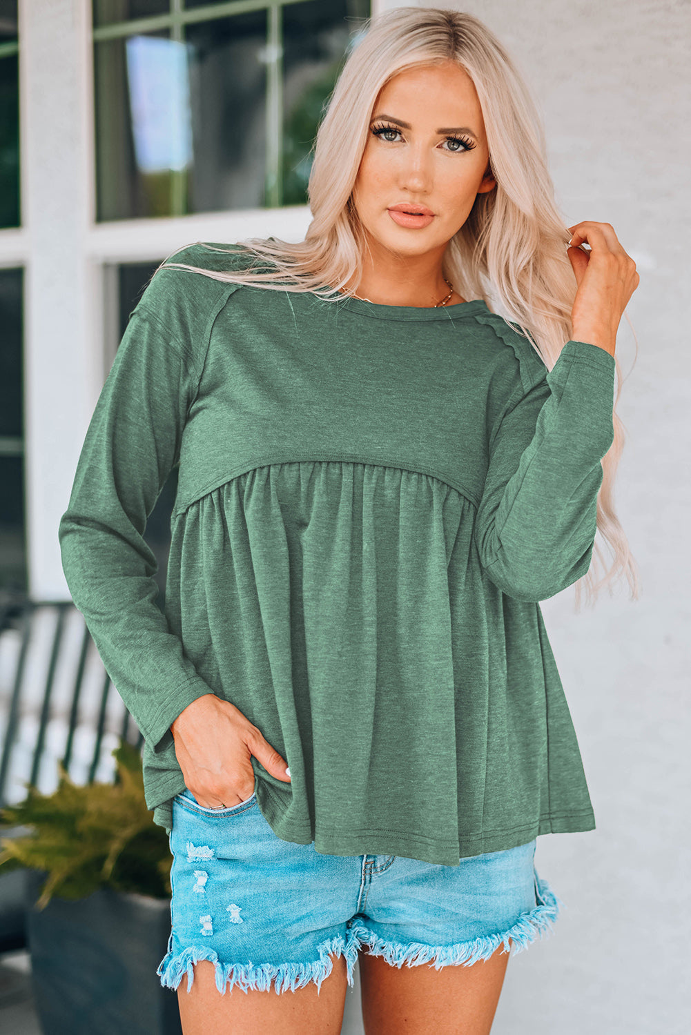 Green Long Sleeve Babydoll Top