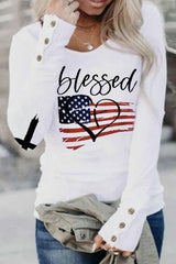 White Blessed American Flag Buttoned Long Sleeve T Shirt