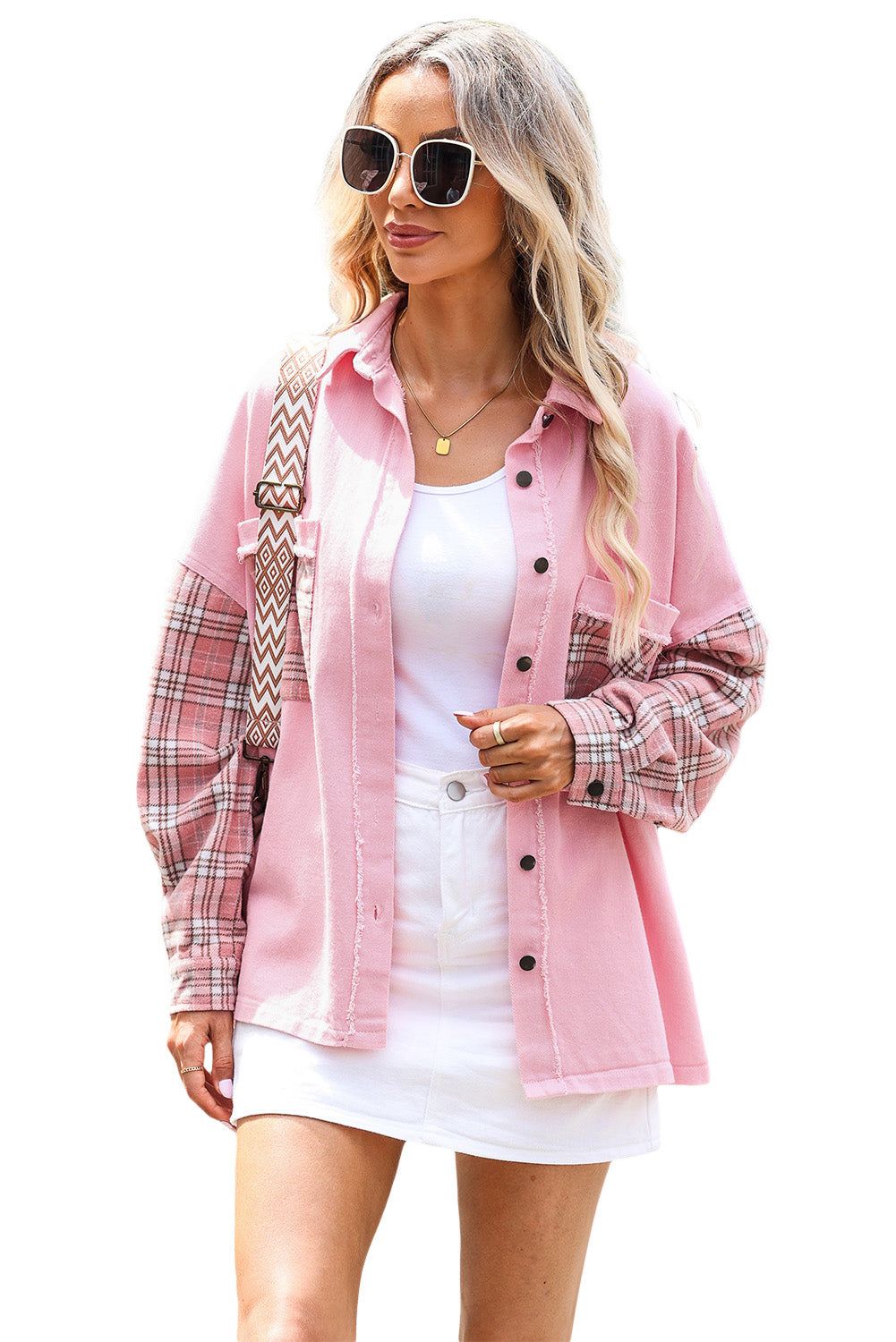 Pink Plaid Patchwork Raw Hem Shacket