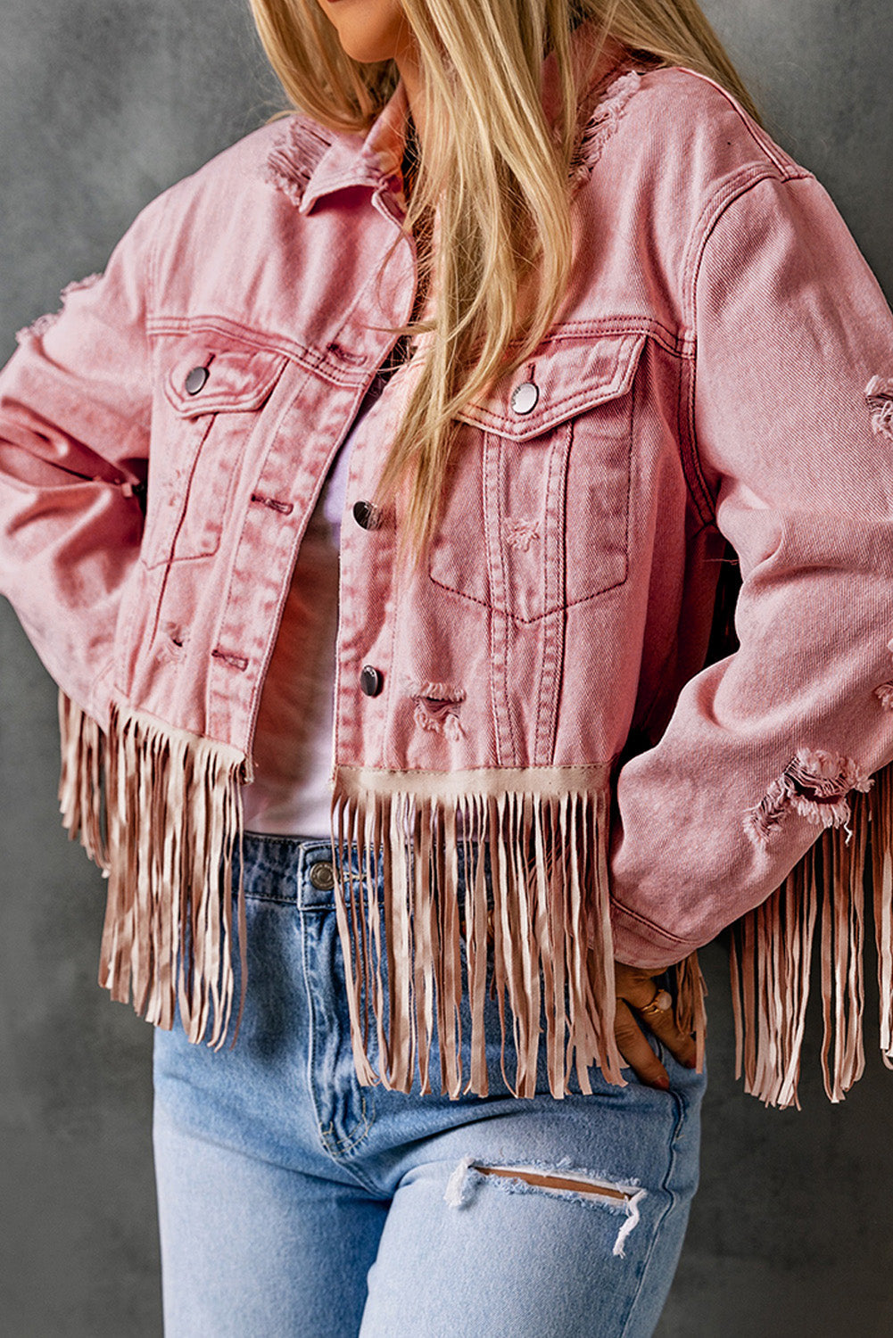 Pink Distressed Fringed Cropped Denim Jacket