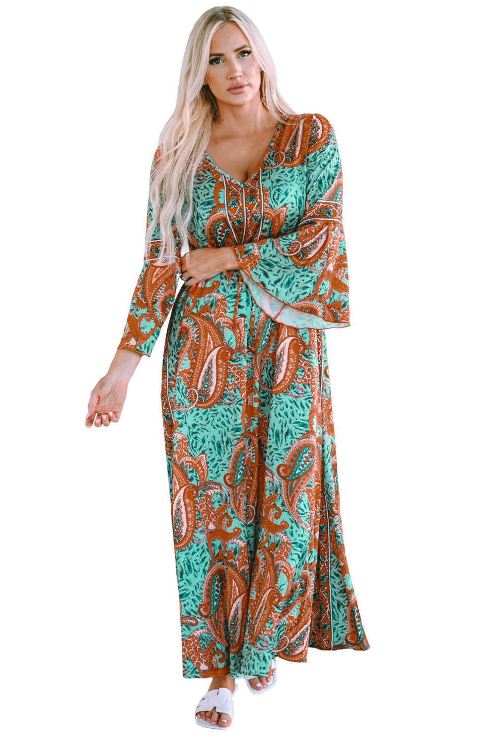 Green Boho Paisley Mix Print Long Sleeve V-Neck Tie Maxi Dress