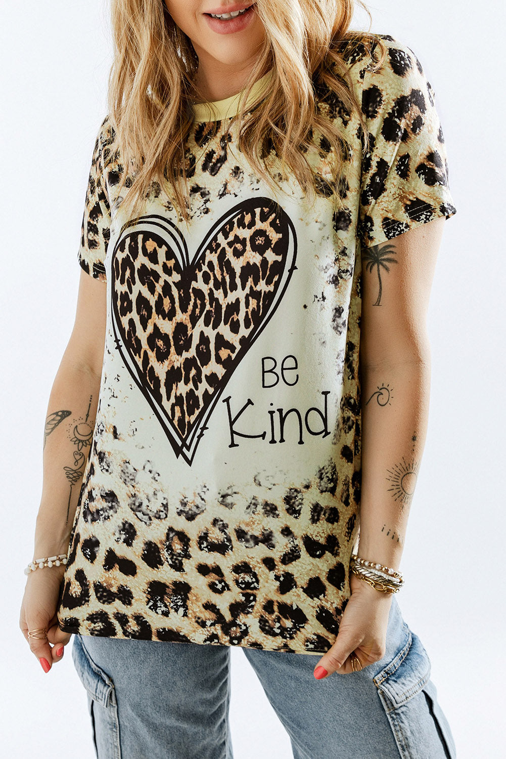 Leopard Be Kind Heart Graphic Print T Shirt