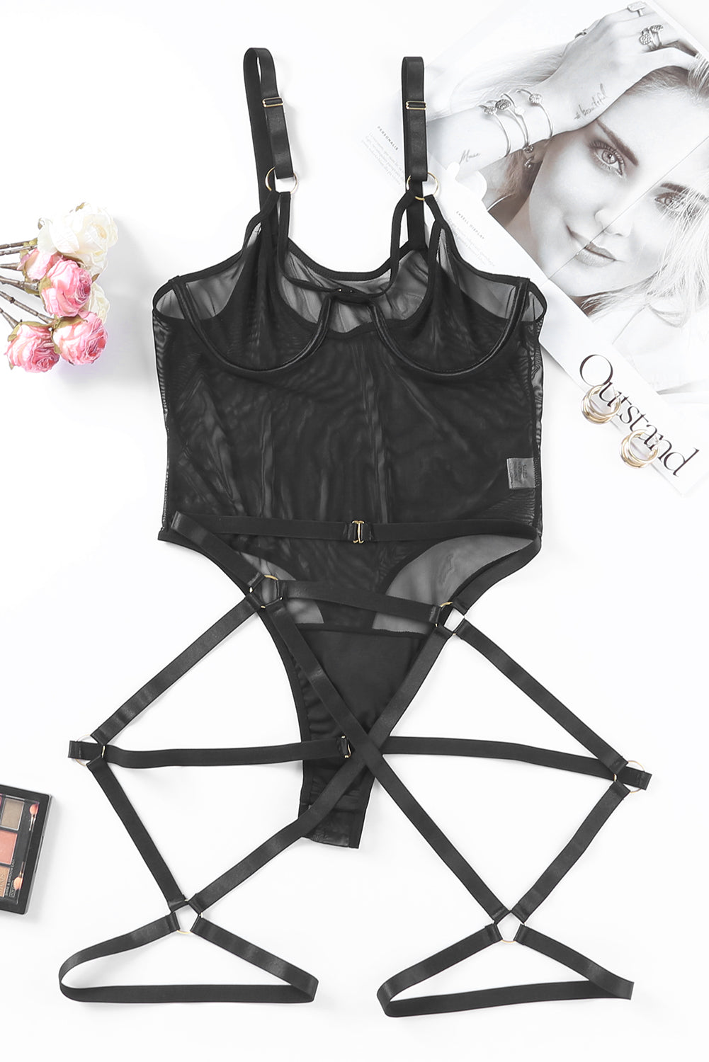 Black Sheer Mesh Strappy Teddy Lingerie with Garter Belt