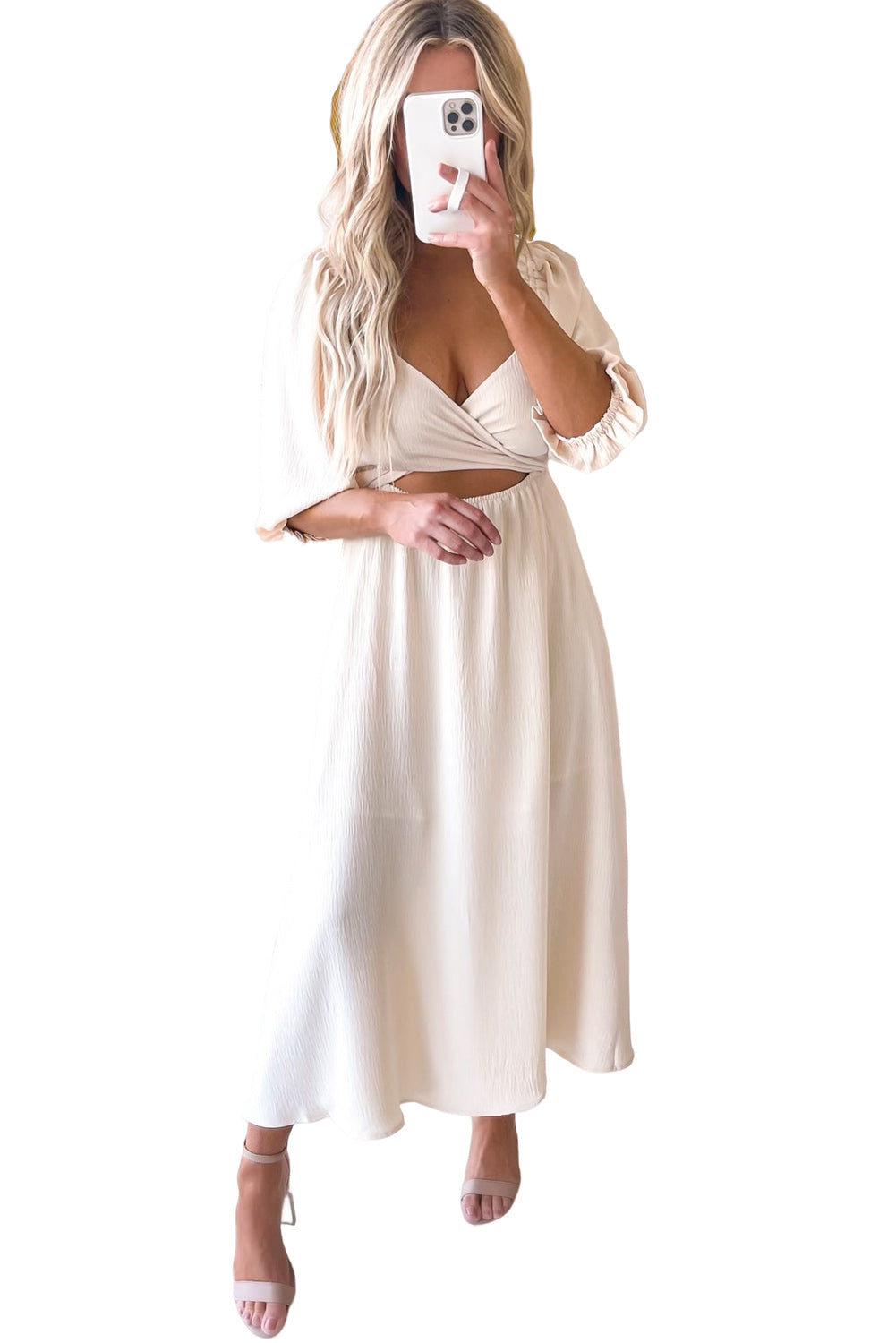 Beige Puff Sleeve Cross Tie Cut Out Maxi Dress