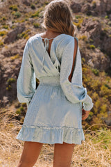 Sky Blue Split Sleeves Smocked Waist Leopard Satin Dress