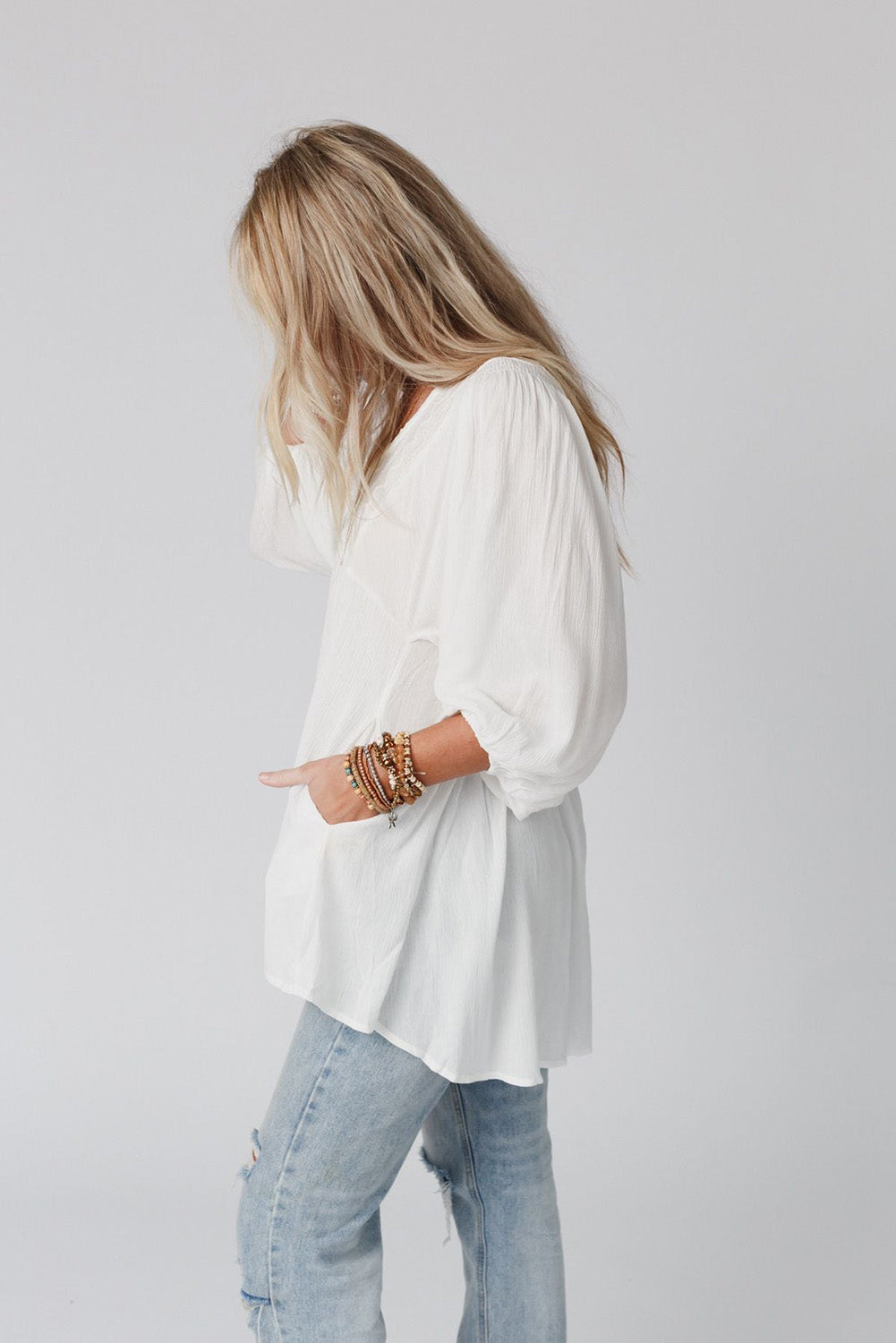 White Lace V-Neck Bracelet Sleeve Ruffle Blouse