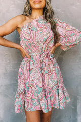 Pink Paisley Print One Shoulder Lace-up High Waist Mini Dress