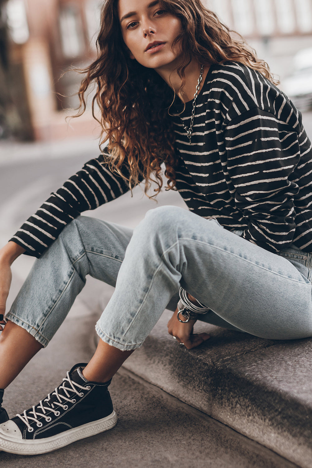 White Retro Striped Casual Long Sleeve Top