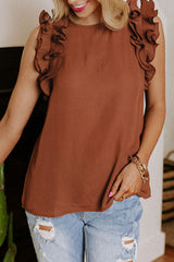 Brown Ruffles Armhole Tank Top