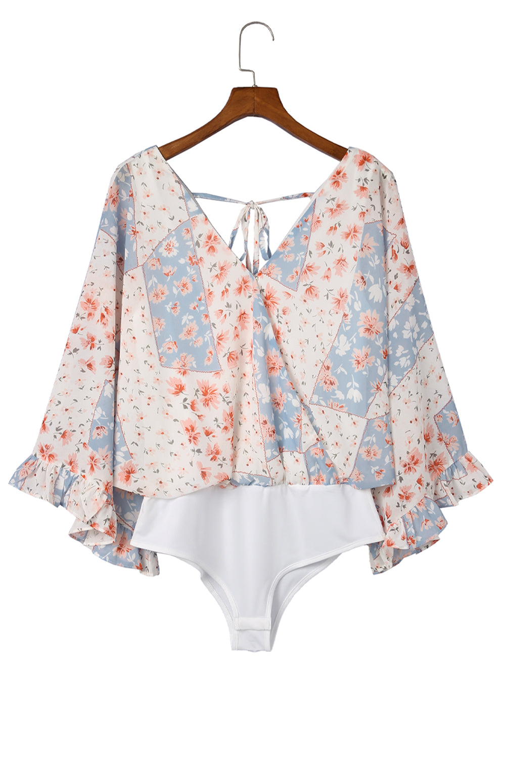 Sky Blue Floral Surplice Wide Sleeve Bodysuit