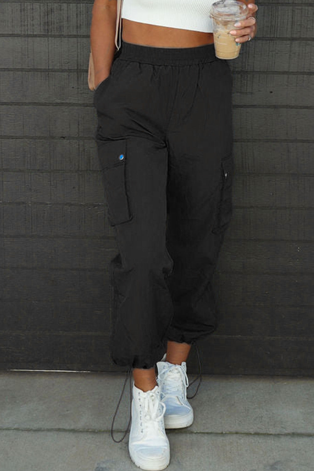 Black Elastic Waist Drawstring Cuffs Cargo Pants