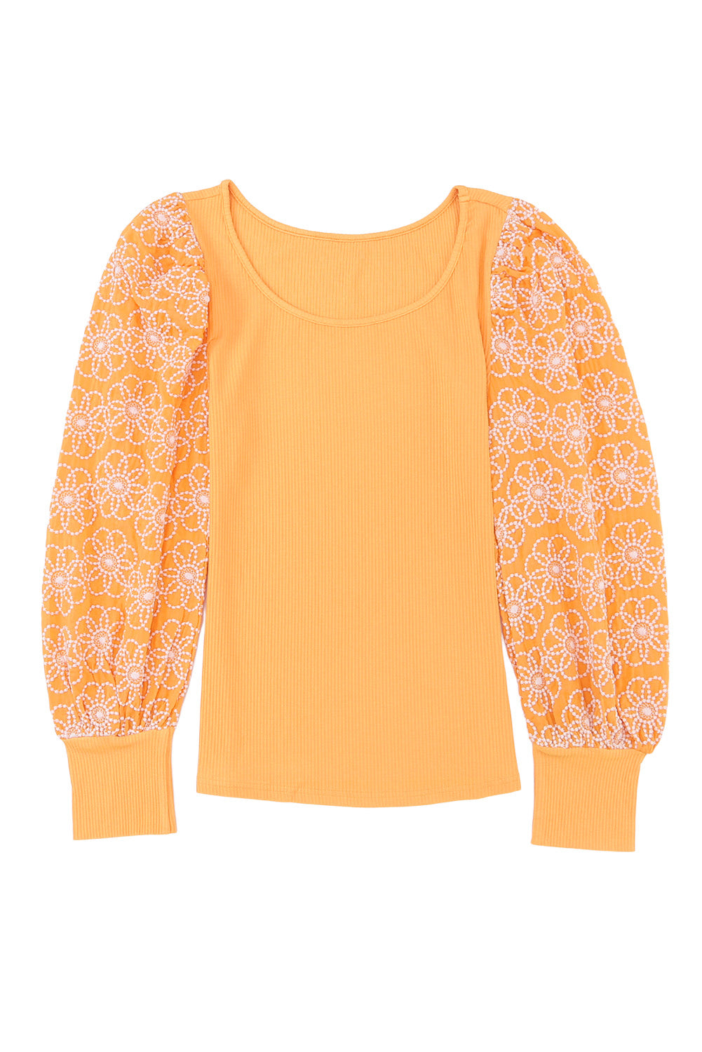 Yellow Flower Puff Sleeve Ribbed Knit Top