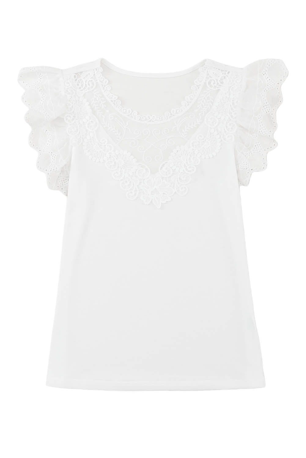 White Lace Splice Ruffle Eyelet Flutter Sleeve Top