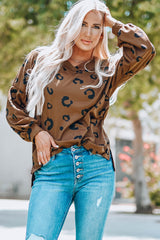 Leopard Print Side Split Loose V Neck Top