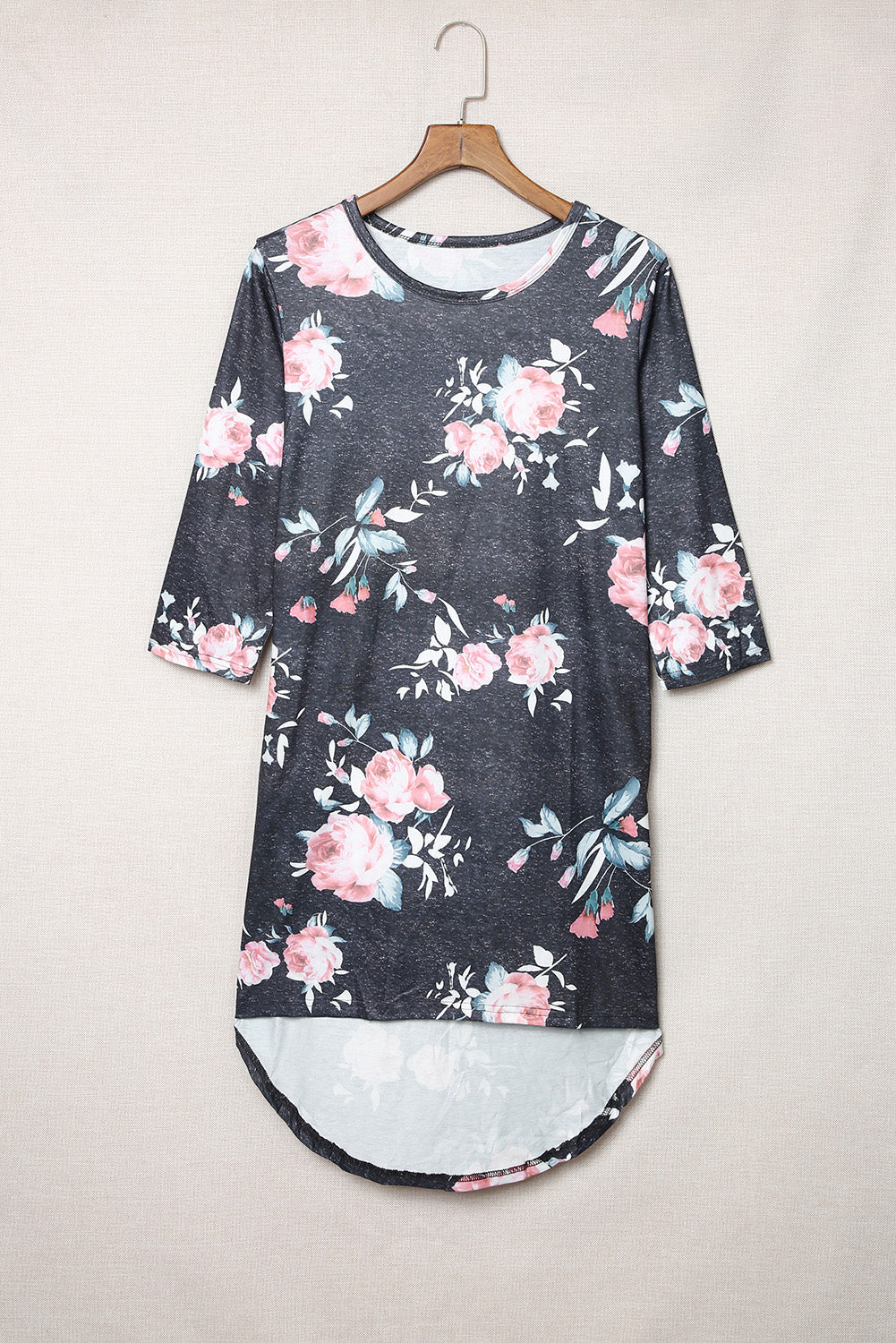 Gray Vintage Floral 3/4 Sleeves T-shirt Dress