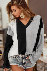 Black Colorblock Long Sleeve V Neck Top