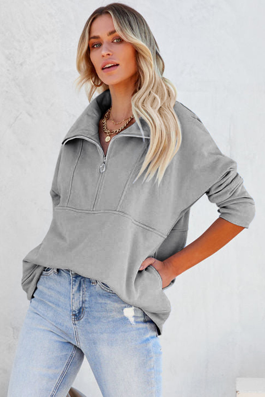 Dark Gray Solid Color Zip Collar Sweatshirt with Pockets