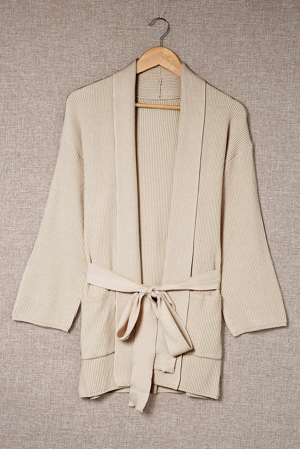 Black Robe Style Rib Knit Pocketed Cardigan with Belt