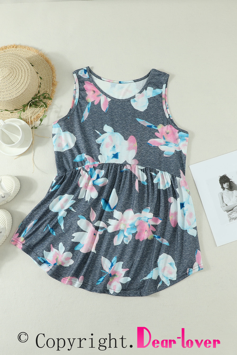 Gray Flowy Blooms Babydoll Tank Top