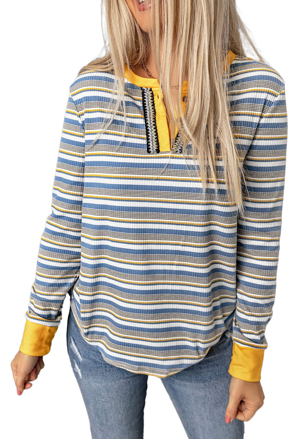 Striped Knit Button Neck Long Sleeve Top