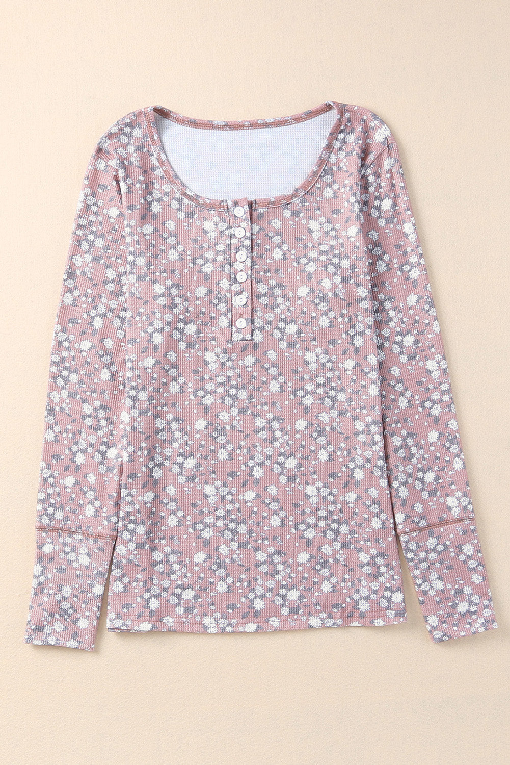 Pink Floral Print Long Sleeve Henley Top