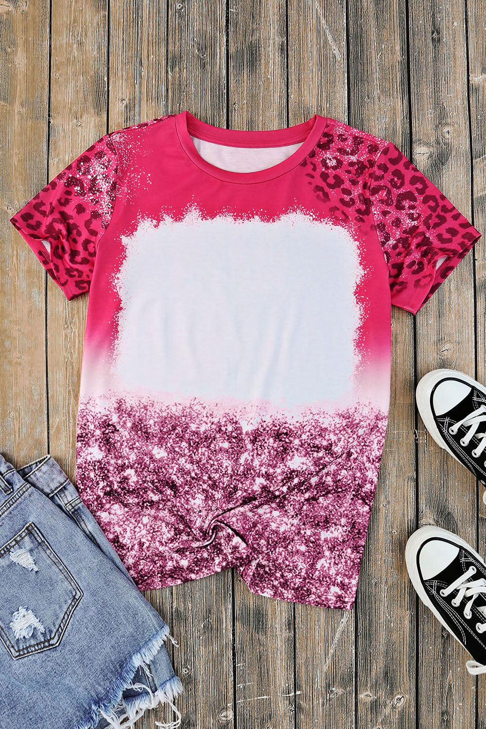 Pink Leopard Blank Bleached Graphic Print Short Sleeve T Shirt