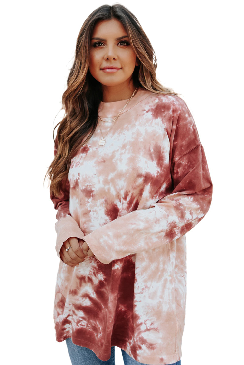 Red Tie Dye Crew Neck Long Sleeve Top