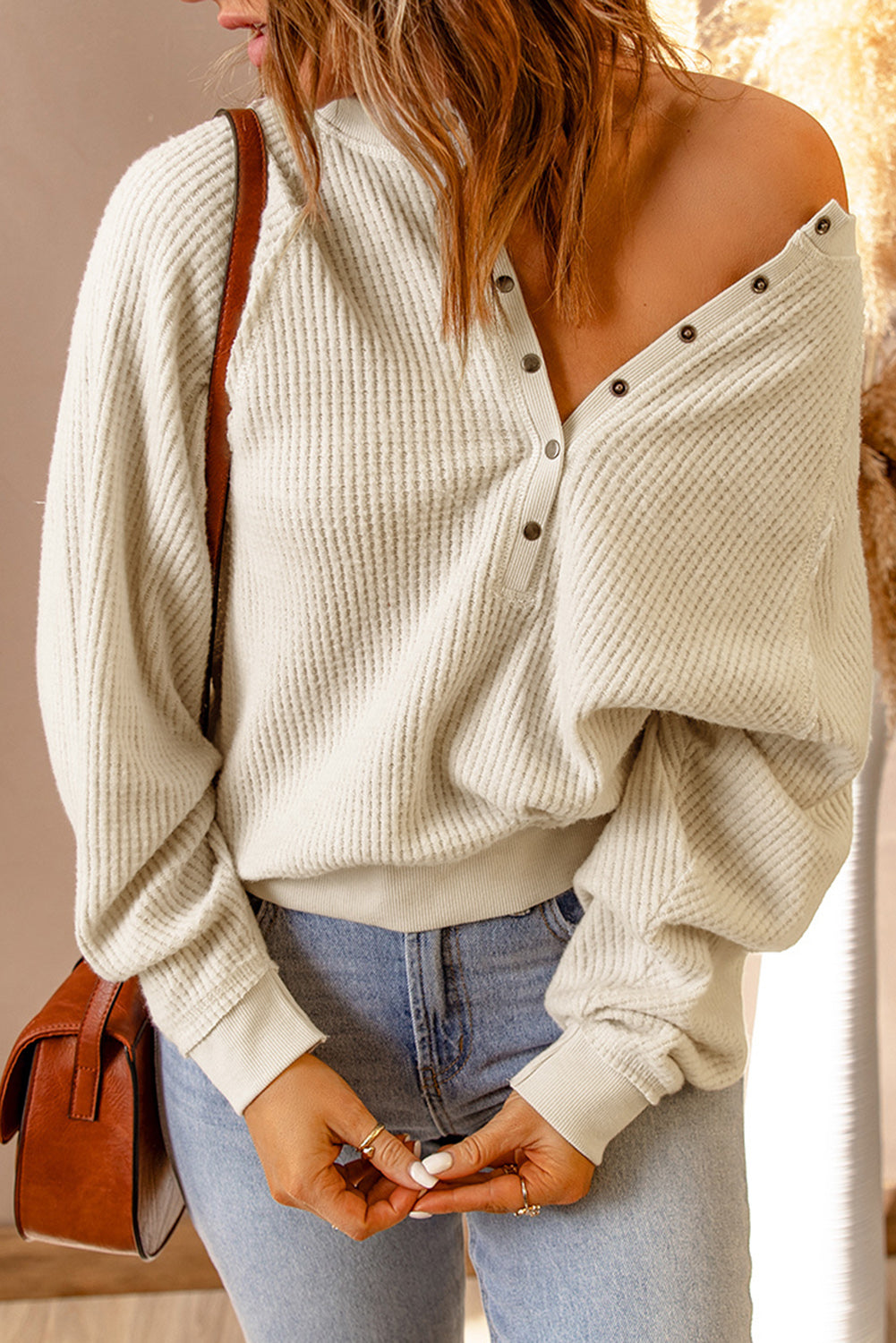 Beige Snap Button V-Neck Waffle Knit Top