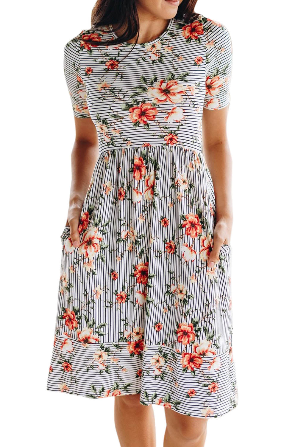 Striped Flower Short Sleeve Flowy Midi Dress