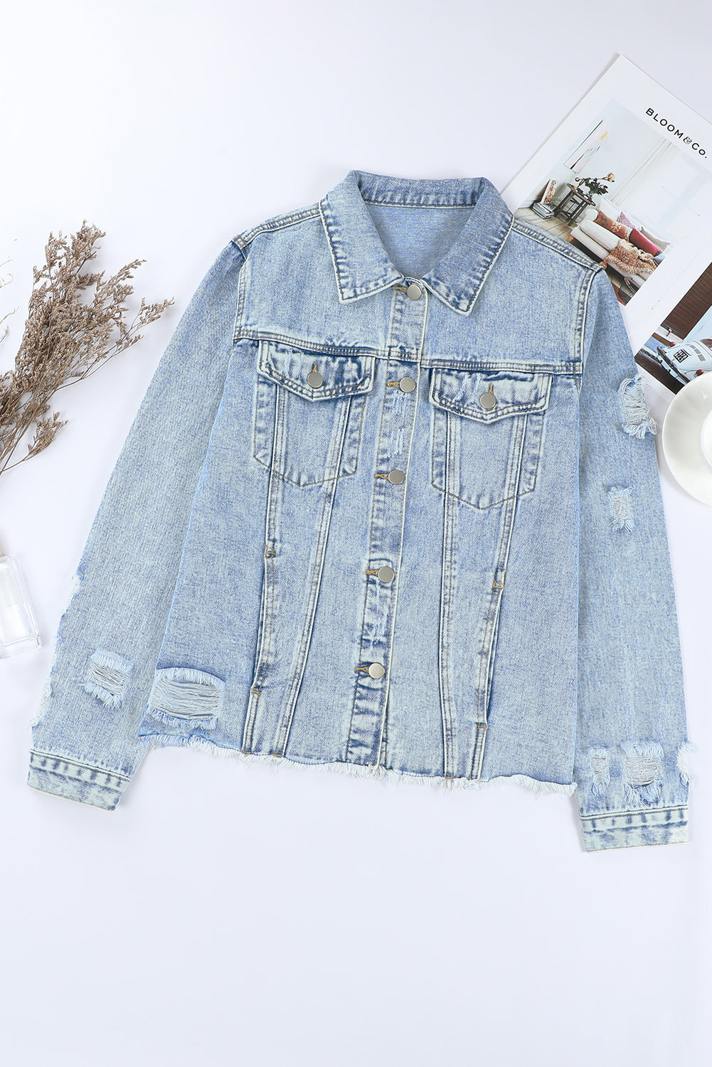 Blue Lapel Distressed Raw Hem Buttons Denim Jacket