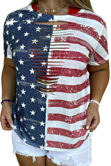 Multicolor Plus Size Laser Cut USA Flag Printed T-shirt