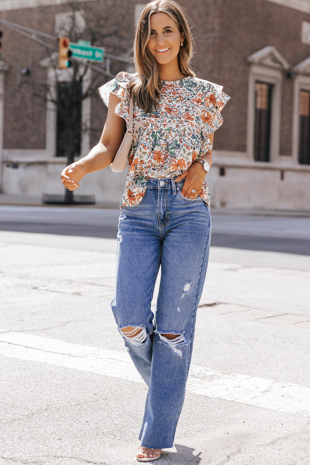Round Neck Ruffled Flutter Sleeve Floral Mini Dress
