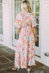 Multicolor Tropical Floral Print Ruched V Neck Maxi Dress