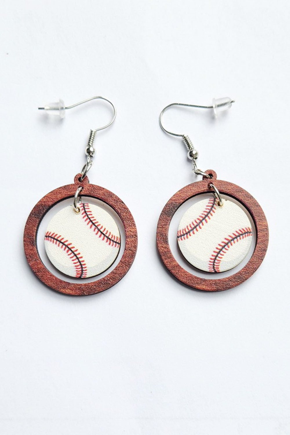 White Baseball Pattern Wood Round Drop Earrings