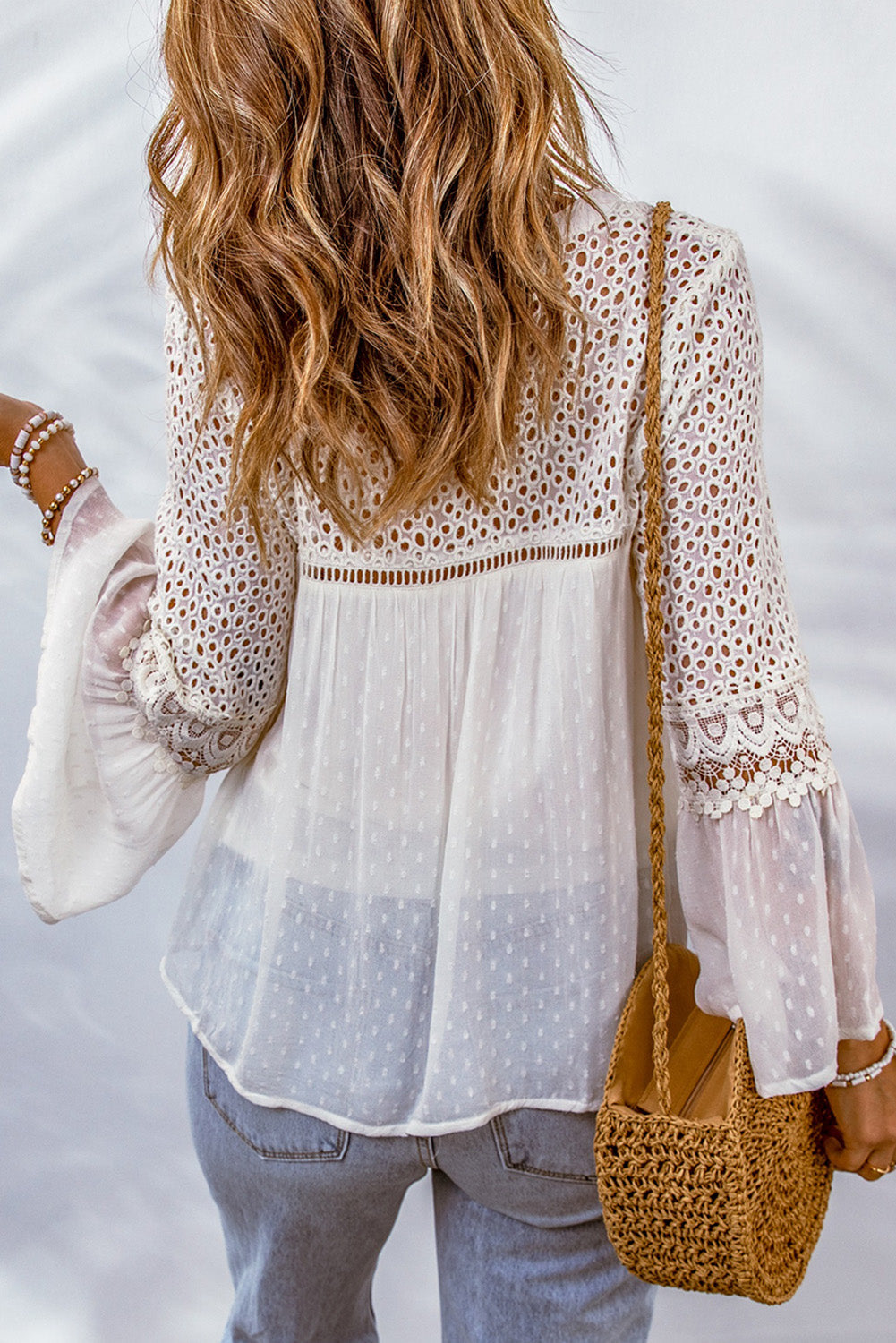 White Lace Crochet Hollow Out Swiss Dot Blouse