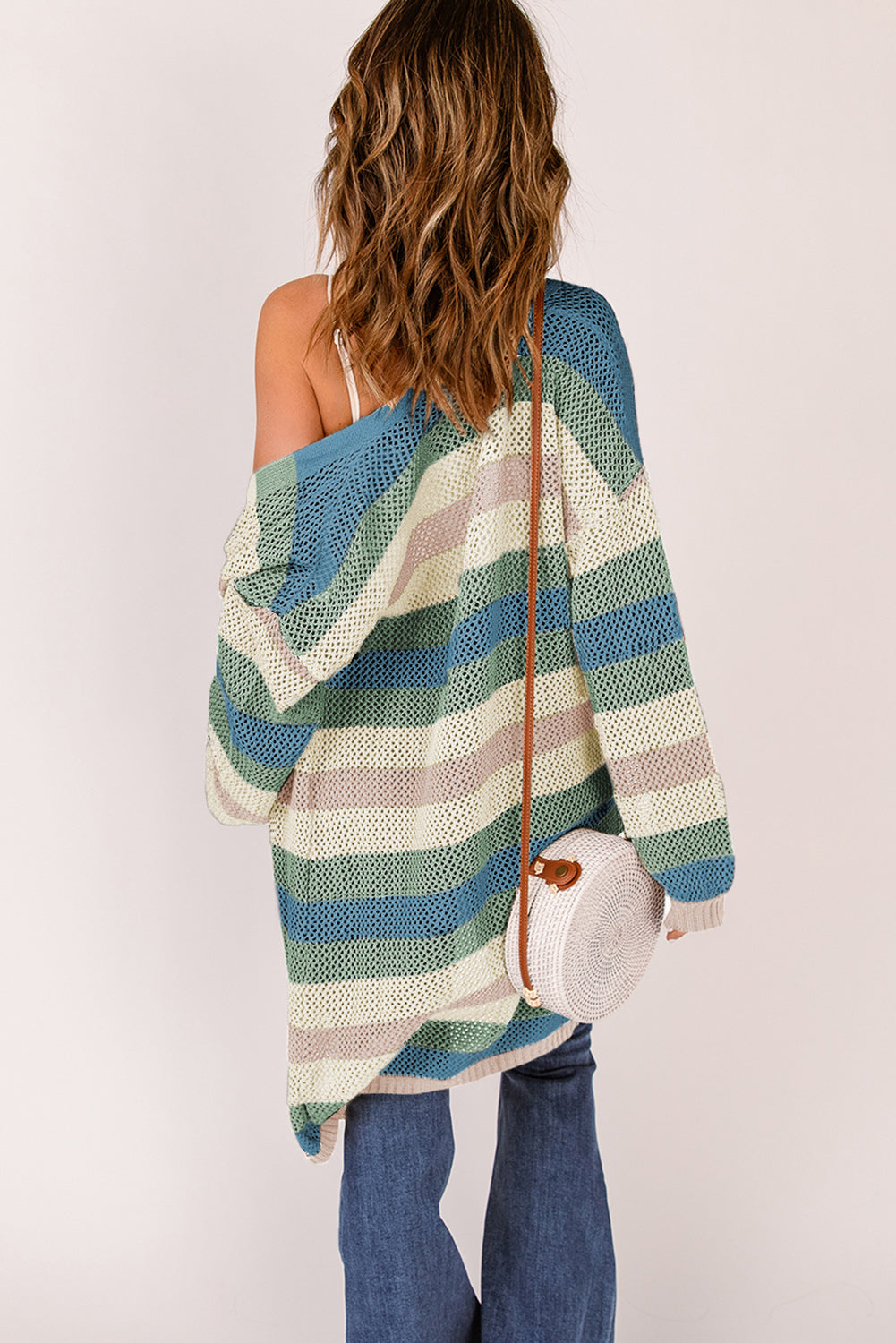 Multicolor Striped Color Block Hollowed Knit Cardigan