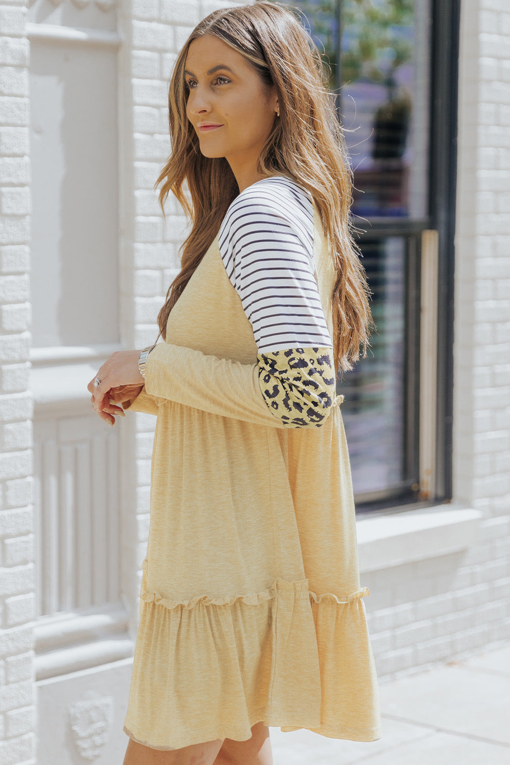 Black Striped Leopard Patchwork Long Sleeve Mini Dress