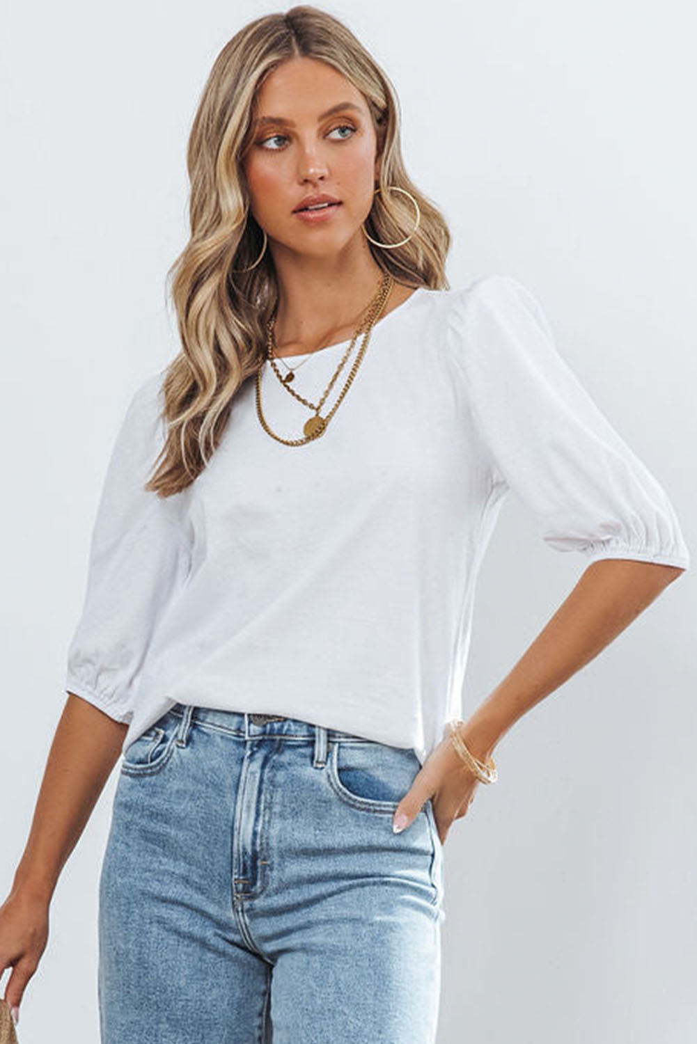 White Puff Sleeve Top with Keyhole Back