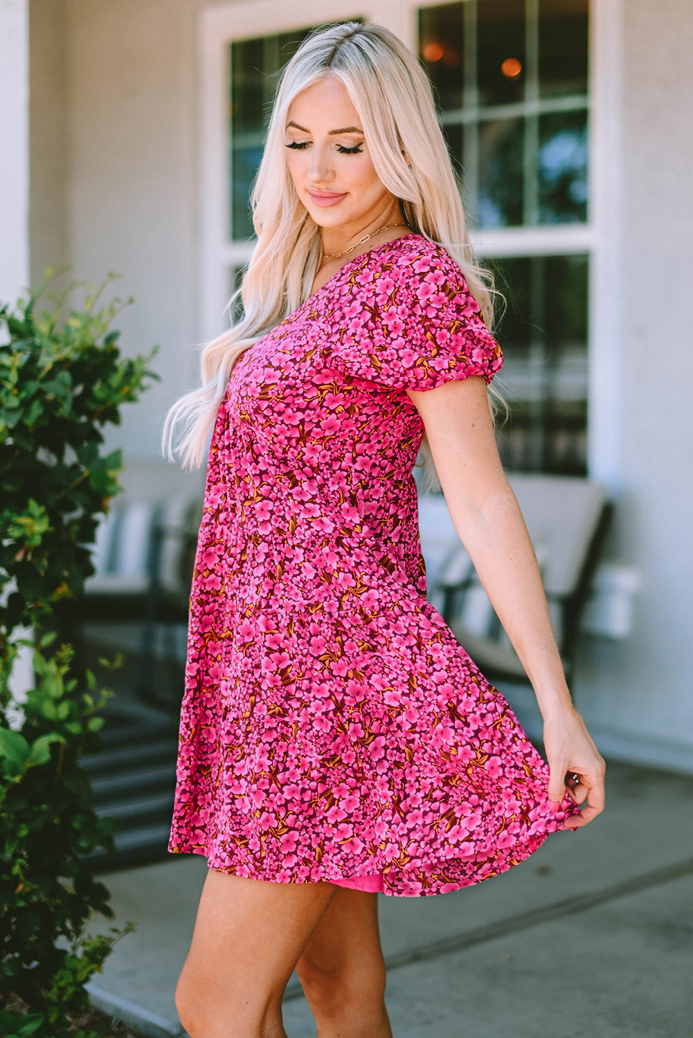 Khaki Floral Print Tiered Flutter Sleeve V Neck Top