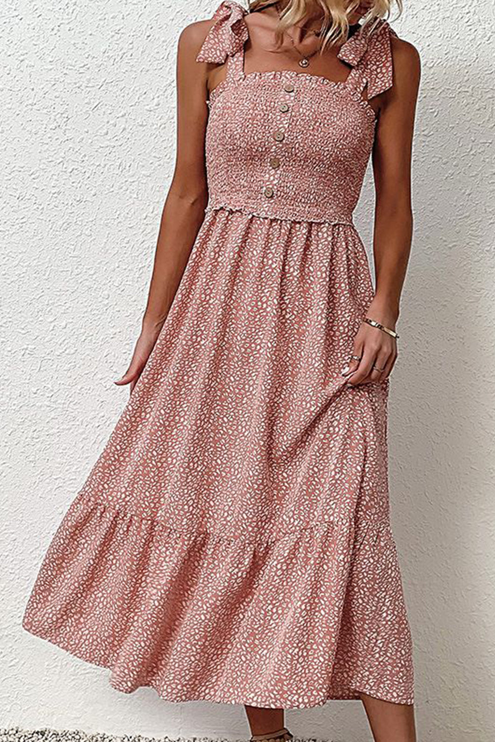 Pink Spotted Tie Shoulder Straps Ruffle Dress