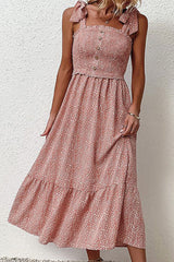 Pink Spotted Tie Shoulder Straps Ruffle Dress