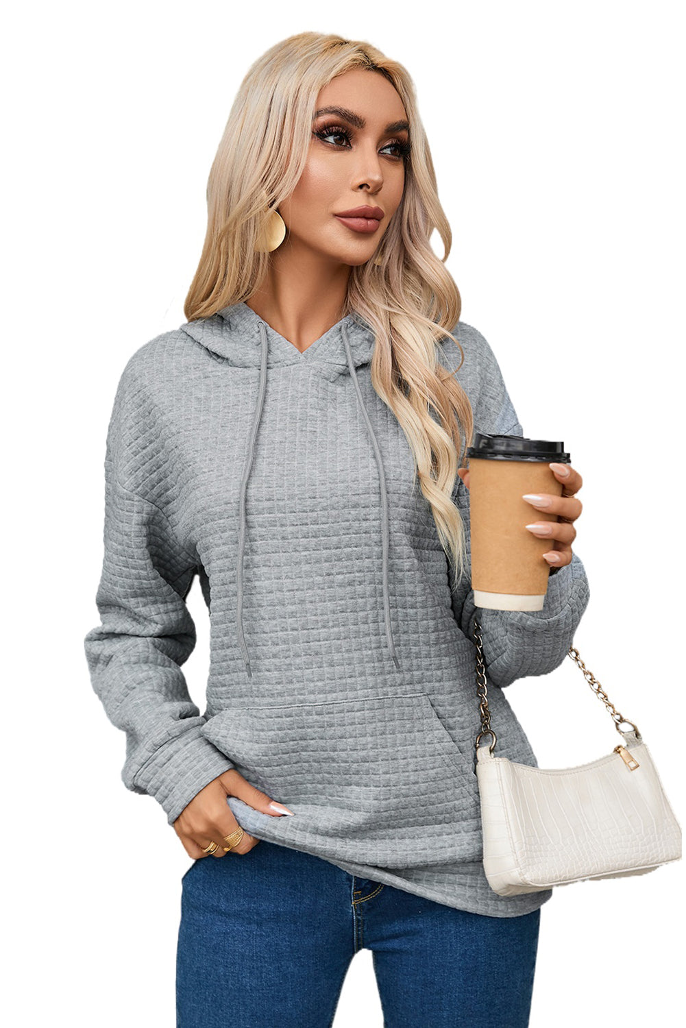 Gray Quilted Kangaroo Pocket Drawstring Hoodie