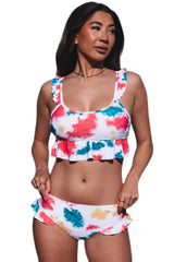 White Tie Dye Scoop Neck Ruffle Trim Two Piece Swimsuit